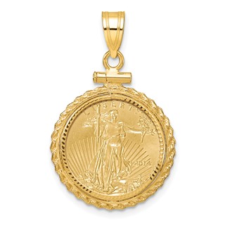 Wideband Distinguished Coin Jewelry 10k Polished and Diamond-cut Casted Rope Mounted 1/10oz American Eagle Screw Top Coin Bezel Pendant