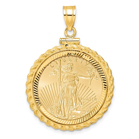 Wideband Distinguished Coin Jewelry 10k Polished and Diamond-cut Casted Rope Mounted 1/4oz American Eagle Screw Top Coin Bezel Pendant