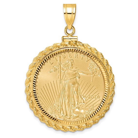 Wideband Distinguished Coin Jewelry 10k Polished and Diamond-cut Casted Rope Mounted 1/2oz American Eagle Screw Top Coin Bezel Pendant
