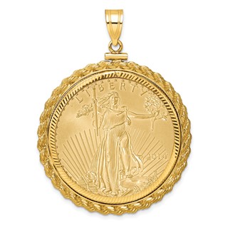 Wideband Distinguished Coin Jewelry 10k Polished and Diamond-cut Casted Rope Mounted 1oz American Eagle Screw Top Coin Bezel Pendant