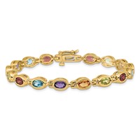 14K Yellow Gold Complete Oval Garnet Peridot Citrine Amethyst Sky Blue Topaz Bezel-set Rainbow Bracelet, 7" view 3