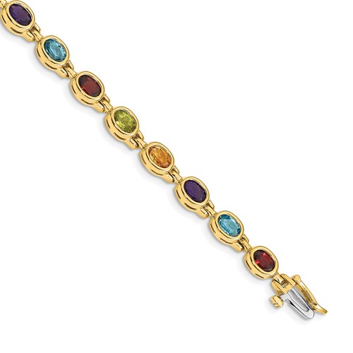 14K Yellow Gold Complete Oval Garnet Peridot Citrine Amethyst Sky Blue Topaz Bezel-set Rainbow Bracelet, 7"