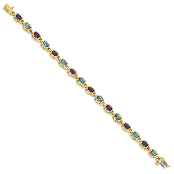 14k Complete Oval Amethyst and Sky Blue Topaz Bezel-set 7 inch Bracelet