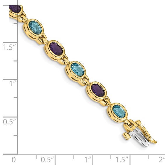 14k Complete Oval Amethyst and Sky Blue Topaz Bezel-set 7 inch Bracelet