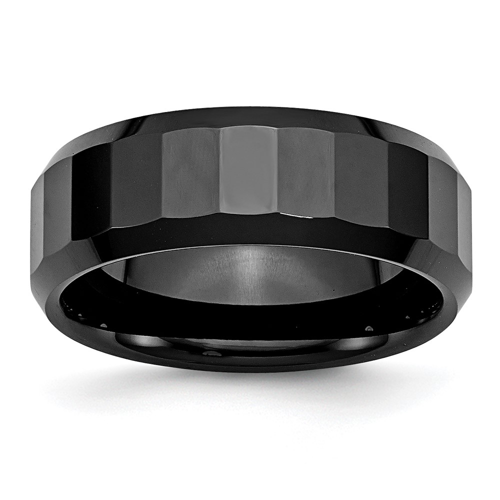 Ceramic Black Faceted Beveled Edge 8mm Polished Band