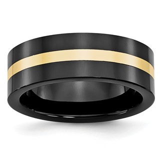 Chisel Ceramic Flat Black with 14k Gold Inlay 8mm Polished Band