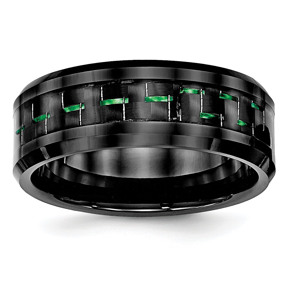 Ceramic Black with Green Carbon Fiber Inlay Beveled Edge Ring Ceramic Black with Green Carbon Fiber Inlay Beveled Edge Ring