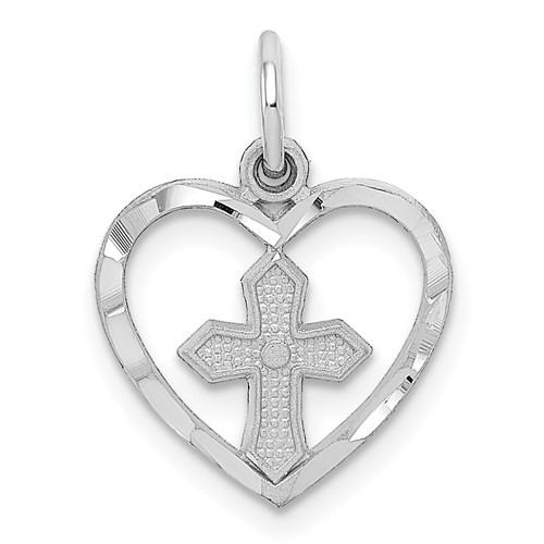 14K White Gold Cut-out Cross in Heart Charm