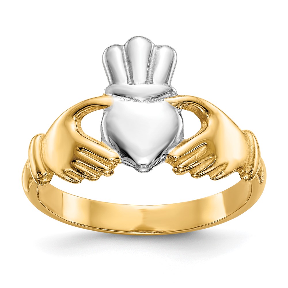 14k Polished and Rhodium Claddagh Ring