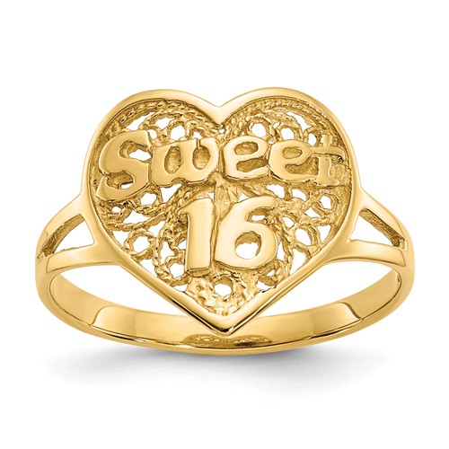 14K Yellow Gold Sweet 16 Filigree Heart Ring