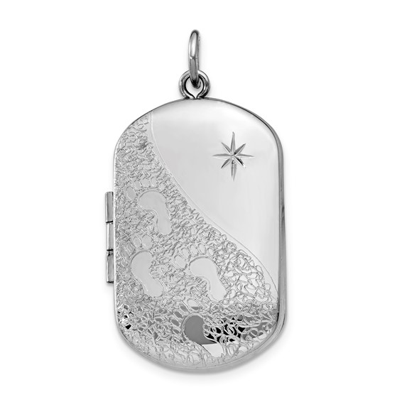 Sterling Silver Rhodium-plated Footprints with Star Rectangular Locket
