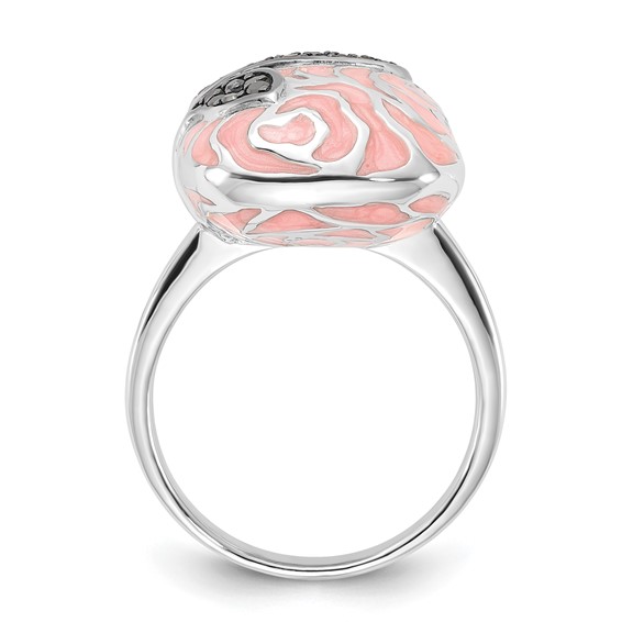 Sterling Silver Polished Pink Enamel & Black CZ Floral Design Ring