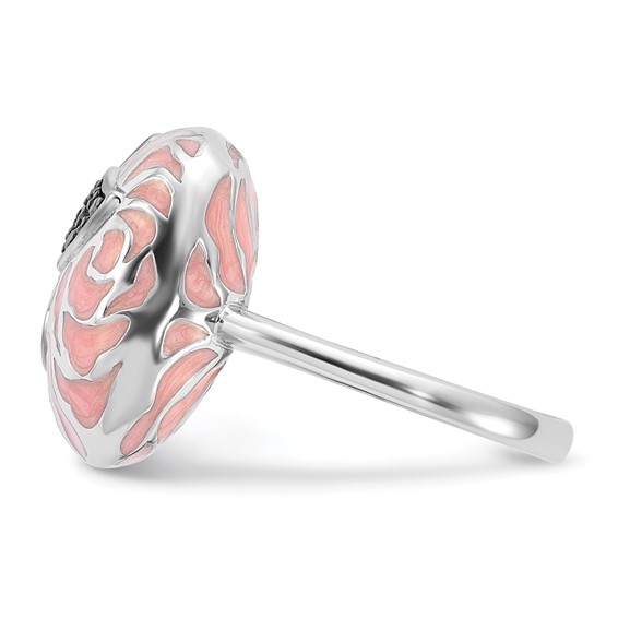 Sterling Silver Polished Pink Enamel & Black CZ Floral Design Ring