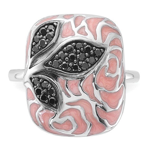 Sterling Silver Polished Pink Enamel & Black CZ Floral Design Ring