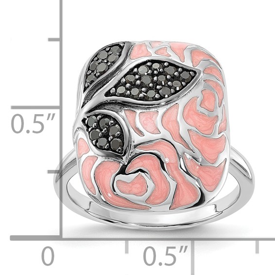 Sterling Silver Polished Pink Enamel & Black CZ Floral Design Ring