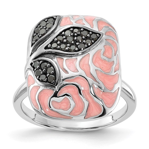 Sterling Silver Polished Pink Enamel & Black CZ Floral Design Ring