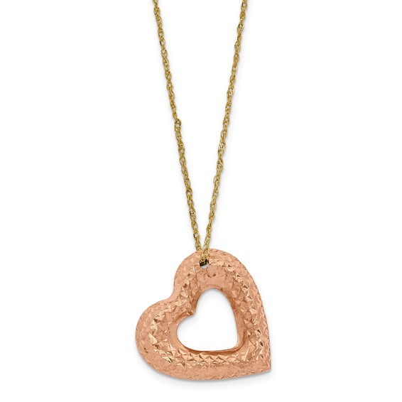 14KY D/C Ropa Chain with Rose Heart Pendant 18 inch Necklace