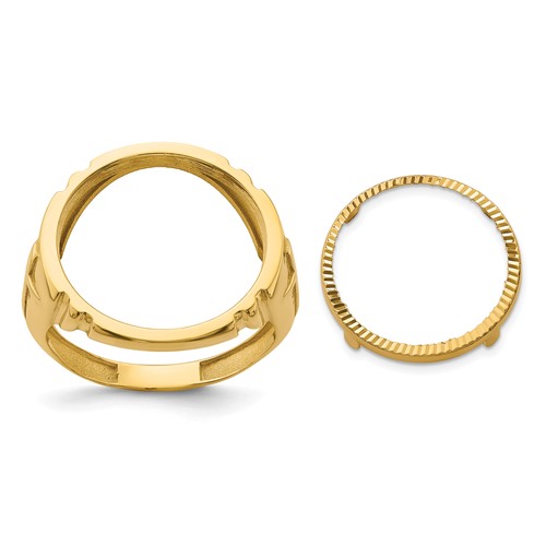 Wideband Distinguished Coin Jewelry 14K Yellow Gold Men's Polished and Diamond-cut Ring with Cross Sides 16.5mm Coin Bezel