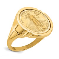 Wideband Distinguished Coin Jewelry 14K Yellow Gold Men's Polished and Diamond-cut Ring with Cross Sides Mounted 0.10oz American Eagle Coin Bezel view 1