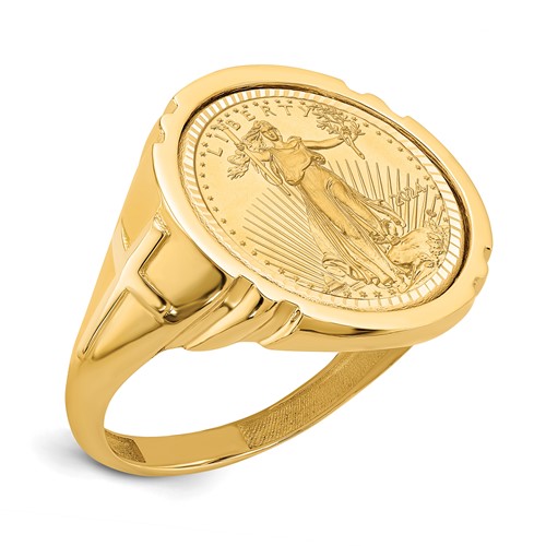 Wideband Distinguished Coin Jewelry 14K Yellow Gold Men's Polished and Diamond-cut Ring with Cross Sides Mounted 0.10oz American Eagle Coin Bezel