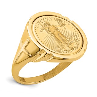 Wideband Distinguished Coin Jewelry 14k Men's Polished with Cross Sides Mounted 1/10oz American Eagle Coin Bezel Ring