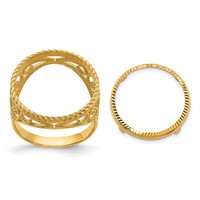 Wideband Distinguished Coin Jewelry 14K Yellow Gold Ladies' Polished Diamond-cut and Twisted Wire Scroll Design 16.5mm Coin Bezel Ring view 1