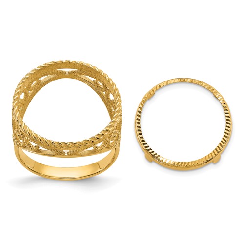 Wideband Distinguished Coin Jewelry 14K Yellow Gold Ladies' Polished Diamond-cut and Twisted Wire Scroll Design 16.5mm Coin Bezel Ring