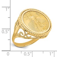 Wideband Distinguished Coin Jewelry 14K Yellow Gold Ladies' Polished Diamond-cut and Twisted Wire Scroll Design Mounted 0.10oz American Eagle Coin Bezel Ring view 2