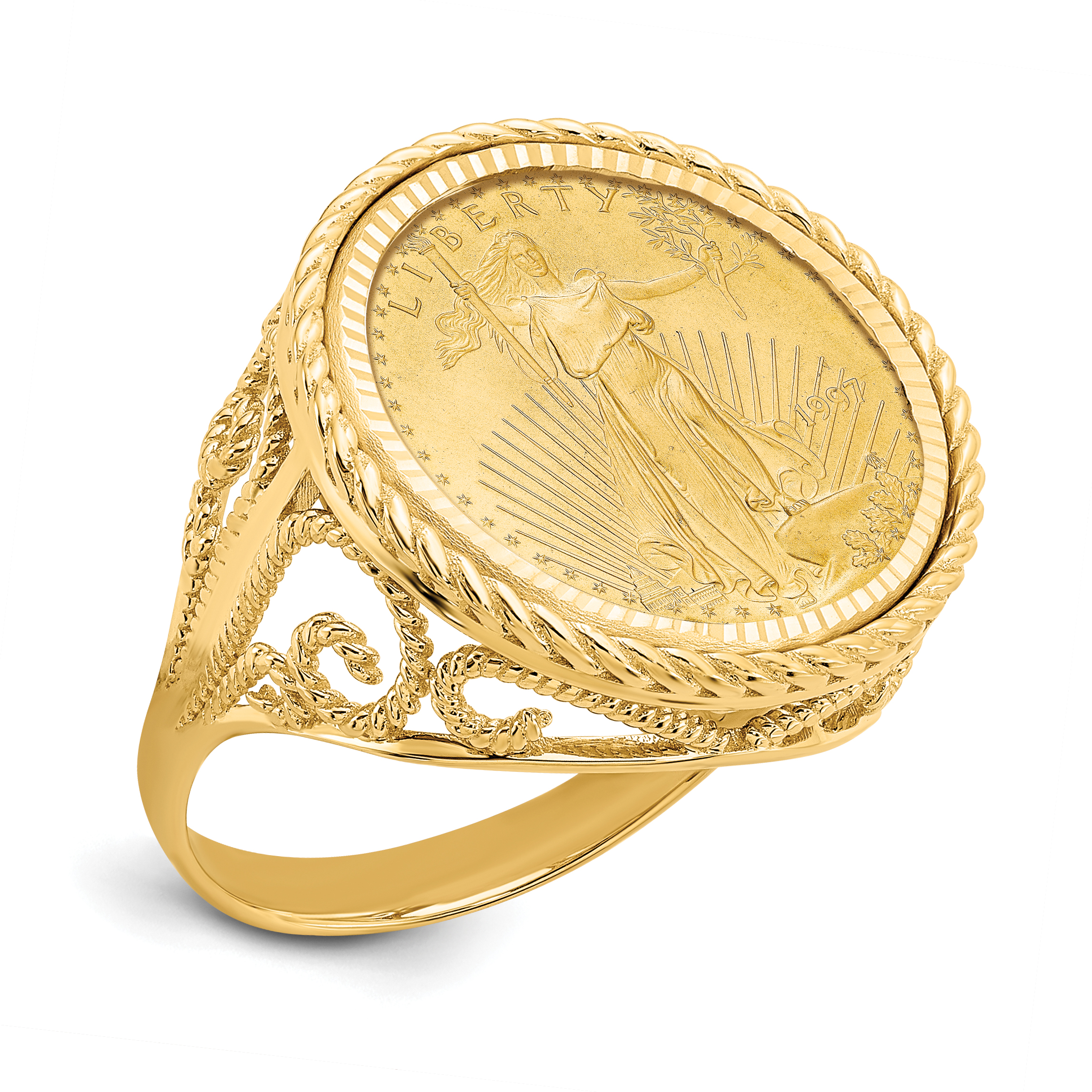 Wideband Distinguished Coin Jewelry 14k Ladies' Polished Diamond-cut and Twisted Wire Scroll Design Mounted 1/10oz American Eagle Coin Bezel Ring (CR11D/10AEC)