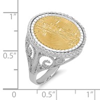 Wideband Distinguished Coin Jewelry 14K White Gold Ladies' Polished Diamond-cut and Twisted Wire Scroll Design Mounted 0.10oz American Eagle Coin Bezel Ring view 2