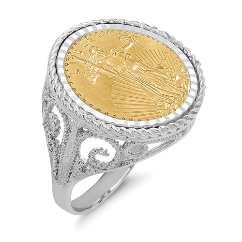Wideband Distinguished Coin Jewelry 14K White Gold Ladies' Polished Diamond-cut and Twisted Wire Scroll Design Mounted 0.10oz American Eagle Coin Bezel Ring