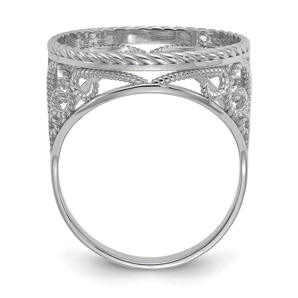 Wideband Distinguished Coin Jewelry 14k White Gold Ladies' Polished and Twisted Wire Scroll Design 16.5mm Coin Bezel Ring (CR11W/10AE)
