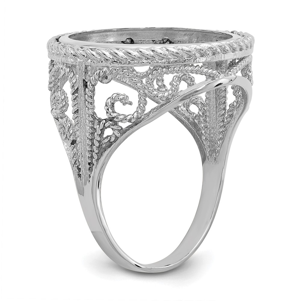 Wideband Distinguished Coin Jewelry 14k White Gold Ladies' Polished and Twisted Wire Scroll Design 16.5mm Coin Bezel Ring (CR11W/10AE)