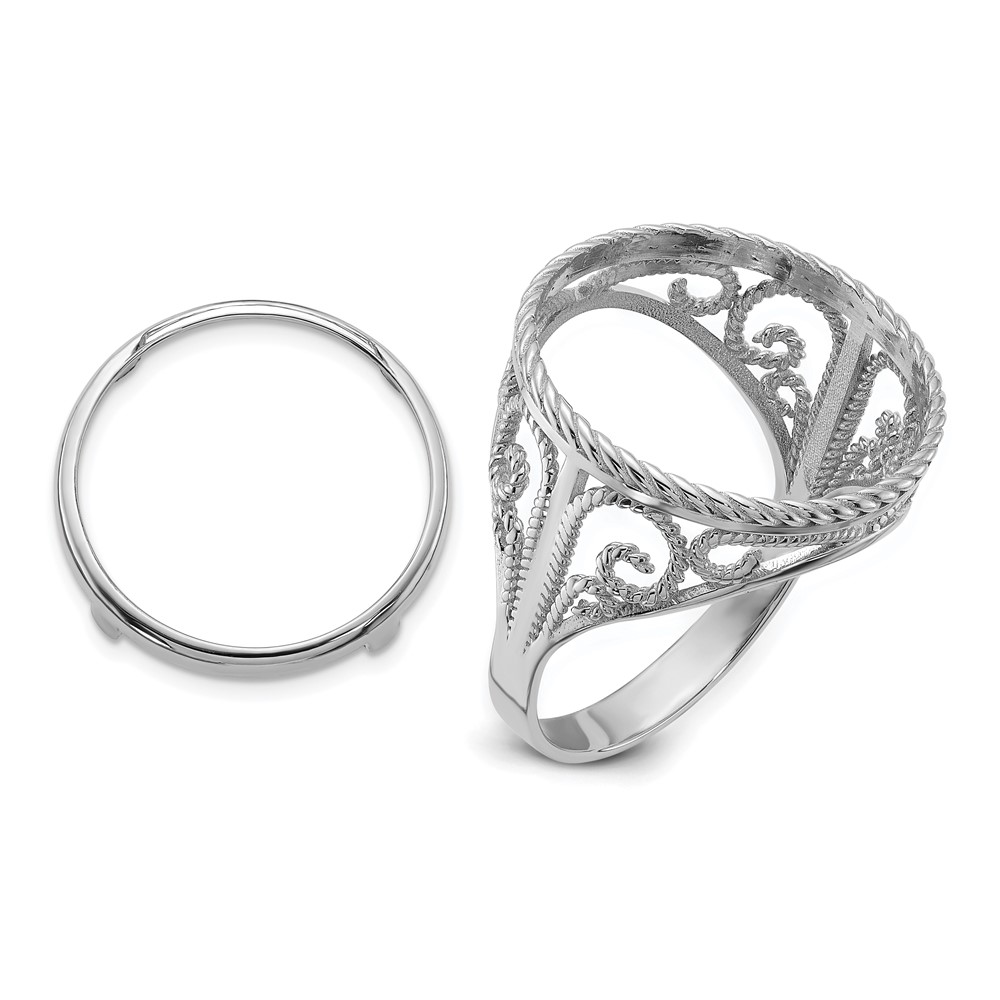 Wideband Distinguished Coin Jewelry 14k White Gold Ladies' Polished and Twisted Wire Scroll Design 16.5mm Coin Bezel Ring (CR11W/10AE)