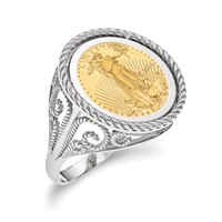 Wideband Distinguished Coin Jewelry 14K White Gold Ladies' Polished and Twisted Wire Scroll Design Mounted 0.10oz American Eagle Coin Bezel Ring view 1