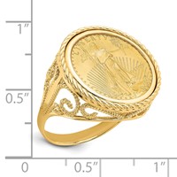 Wideband Distinguished Coin Jewelry 14K Yellow Gold Ladies' Polished and Twisted Wire Scroll Design Mounted 0.10oz American Eagle Coin Bezel Ring view 2