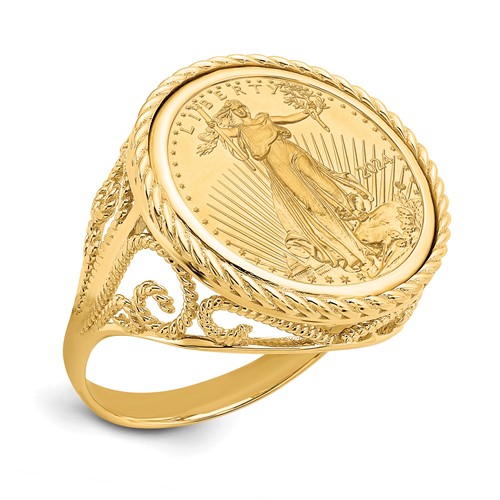 Wideband Distinguished Coin Jewelry 14K Yellow Gold Ladies' Polished and Twisted Wire Scroll Design Mounted 0.10oz American Eagle Coin Bezel Ring