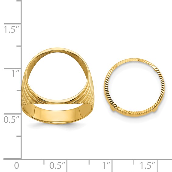 Wideband Distinguished Coin Jewelry 14k Men's Polished and Diamond-cut Ribbed Edge 16.5mm Coin Bezel Ring