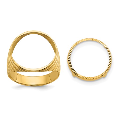 Wideband Distinguished Coin Jewelry 14K Yellow Gold Men's Polished and Diamond-cut Ribbed Edge 16.5mm Coin Bezel Ring