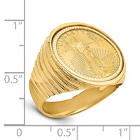 Wideband Distinguished Coin Jewelry 14K Yellow Gold Men's Polished and Diamond-cut Ribbed Edge Mounted 0.10oz American Eagle Coin Bezel Ring view 2