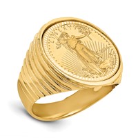 Wideband Distinguished Coin Jewelry 14K Yellow Gold Men's Polished and Diamond-cut Ribbed Edge Mounted 0.10oz American Eagle Coin Bezel Ring view 1