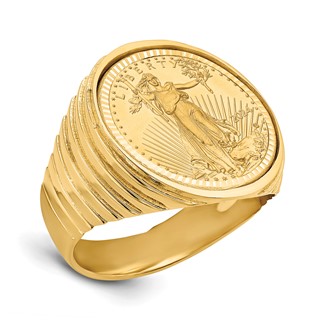 Wideband Distinguished Coin Jewelry 10k Men's Polished and Diamond-cut Ribbed Edge Mounted 1/10oz American Eagle Coin Bezel Ring