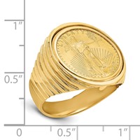 Wideband Distinguished Coin Jewelry 14K Yellow Gold Men's Polished Ribbed Edge Mounted 0.10oz American Eagle Coin Bezel Ring view 2