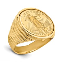 Wideband Distinguished Coin Jewelry 14K Yellow Gold Men's Polished Ribbed Edge Mounted 0.10oz American Eagle Coin Bezel Ring view 1