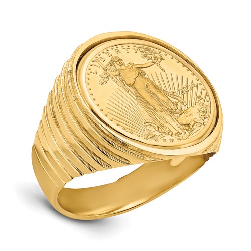 Wideband Distinguished Coin Jewelry 14K Yellow Gold Men's Polished Ribbed Edge Mounted 0.10oz American Eagle Coin Bezel Ring