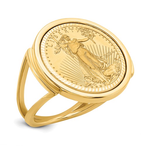 Wideband Distinguished Coin Jewelry 14K Yellow Gold Ladies' Polished and Diamond-cut Mounted 0.10oz American Eagle Coin Bezel Ring