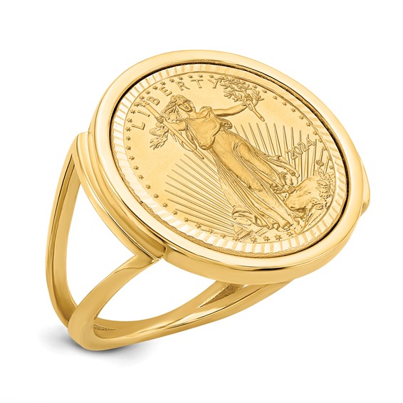 Wideband Distinguished Coin Jewelry 10k Ladies' Polished and Diamond-cut Mounted 1/10oz American Eagle Coin Bezel Ring