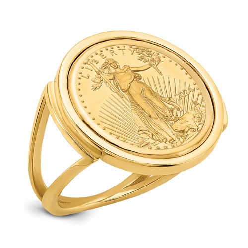 Wideband Distinguished Coin Jewelry 14K Yellow Gold Ladies' Polished Mounted 0.10oz American Eagle Coin Bezel Ring