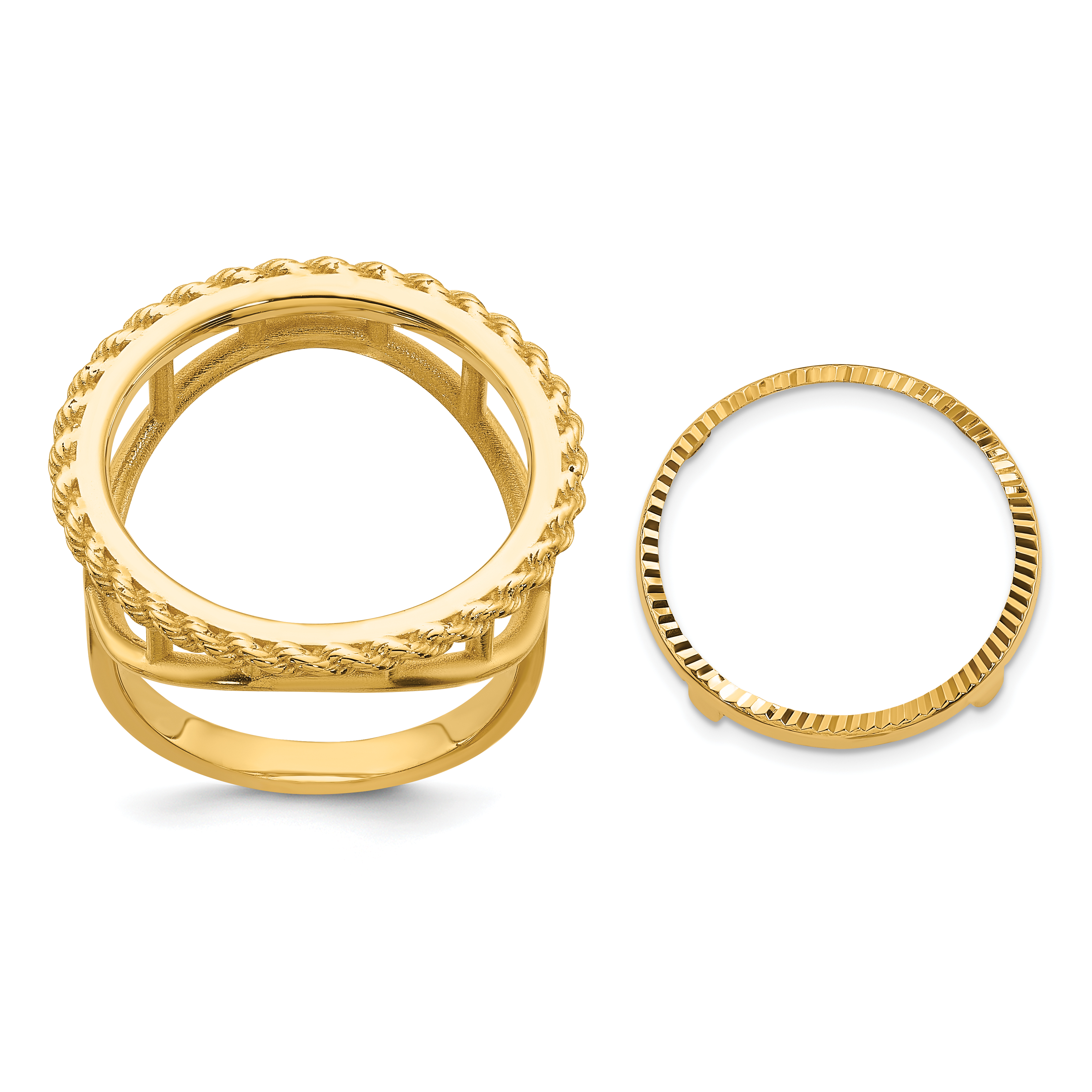 Wideband Distinguished Coin Jewelry 14k Ladies' Polished Textured and Diamond-cut Rope Edge 16.5mm Coin Bezel Ring (CR14D/10AE)