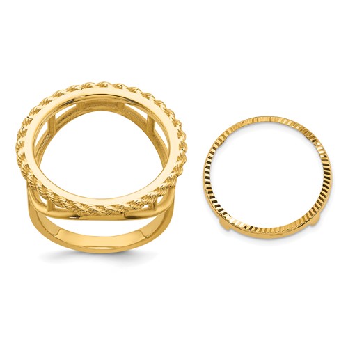 Wideband Distinguished Coin Jewelry 14K Yellow Gold Ladies' Polished Textured and Diamond-cut Rope Edge 16.5mm Coin Bezel Ring